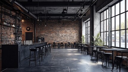 Industrial-chic bar interior with exposed brick, high ceilings, and large windows.