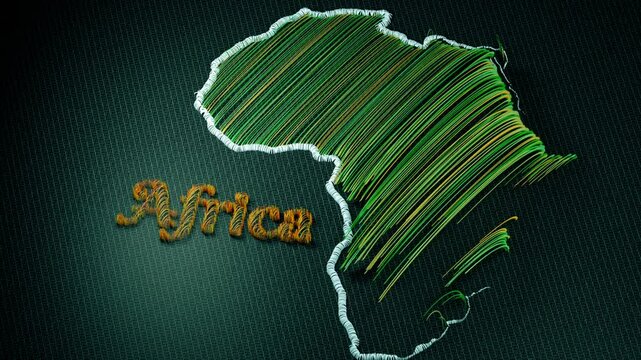3D animation of an embroidered map of Africa. The colorful threads and fabric are shown from various perspectives, with motion effects highlighting the details and the word Africa.