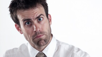 Confused office worker making funny face on white background. Perfect for showcasing workplace stress, deadlines, or humorous corporate situations.