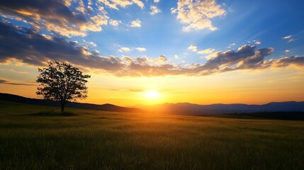 Fototapeta premium Solitary tree in tranquil field under dramatic cloudy sky during golden sunset : Generative AI