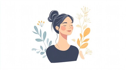 Serene Woman Portrait with Floral Frame: A Gentle Illustration of Inner Peace and Mindfulness for Wellness and Self-Care