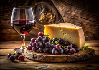 Vintage Italian Cheese & Wine Still Life: Rustic Fontelina Cow's Milk Cheese with Black Grapes & Red Wine