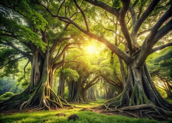 Naklejka premium Vintage Jungle Photo: Thriving Wild Fig Trees, Untamed Nature's Beauty