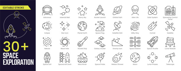 Space Exploration Stroke icon collections. Containing Satellite, Moon, Mars Rover, Space Suit, and Solar System icons. Editable Stroke icon collection Outline icon © Iconic Space