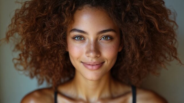 Cheerful African-American woman with natural curly hair. Ideal for natural beauty, confidence, or positive lifestyle content.