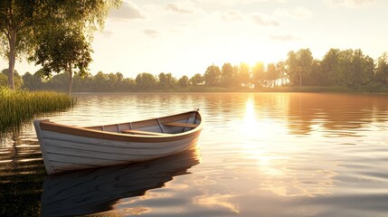 Obraz premium A peaceful scene of a wooden rowboat on a calm lake at sunrise, surrounded by lush greenery and golden reflections.