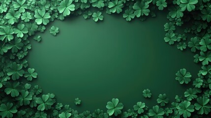 Lush green clover leaves border on rich emerald background. Saint Patrick's Day, St Paddy's Day, St Patty's Day - Irish National Holiday and Cultural Celebration