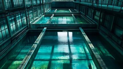 Industrial water tanks, teal water, high angle view, indoor, sunlight, rectangular, structure, steel, concrete.