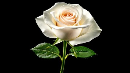 Elegant white rose on black background with lush green leaves
