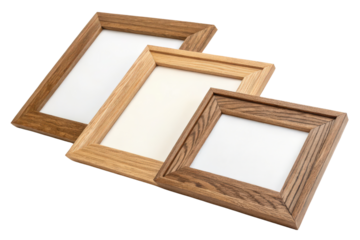Three wooden picture frames in various shades isolated with transparent background