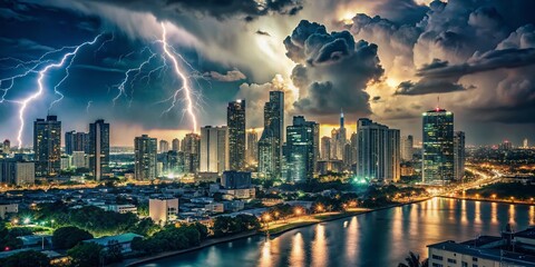Fototapeta premium Vintage Miami Nightscape: Timelapse Thunderstorm