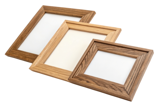 Three wooden picture frames in various shades isolated with transparent background