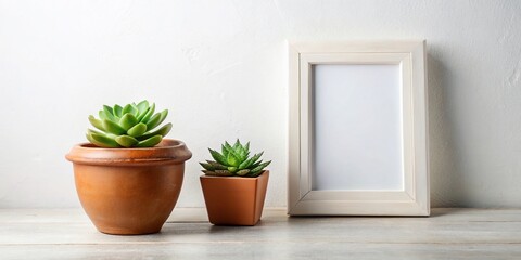 Fototapeta premium Vintage Mockup: White Frame, Brown Potted Succulent on White