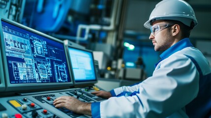 A nuclear engineer in a control room monitoring reactor operations and safety protocols at a nuclear power plant, with control panels and radiation monitors visible