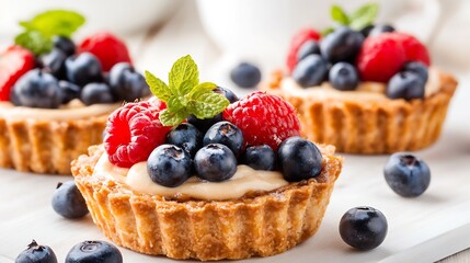 Delicious Fresh Berry Tarts with Mascarpone and Mint Garnish on Rustic Wooden Table : Generative AI