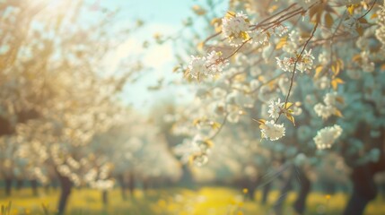 Serene and picturesque landscape of blooming cherry orchard in soft natural lighting