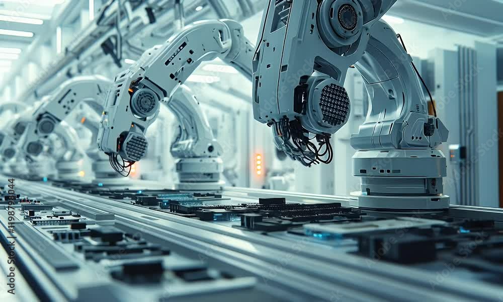 Poster robotic arms assembling circuit boards in a futuristic factory