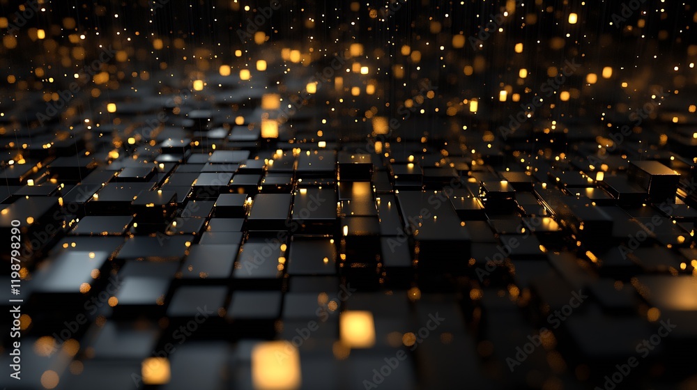 Aufkleber Futuristic Black Cubes with Golden Illuminated Blocks in Digital Matrix : Generative AI