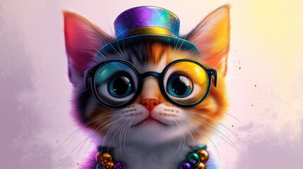 Fototapeta premium Adorable calico kitten with glasses and colorful hat. Mardi Gras, Fat Tuesday, Carnival Season. Bright Parades, Masks, Festive Costumes, Vibrant Atmosphere