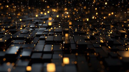 Fototapeta premium Futuristic Black Cubes with Golden Illuminated Blocks in Digital Matrix : Generative AI