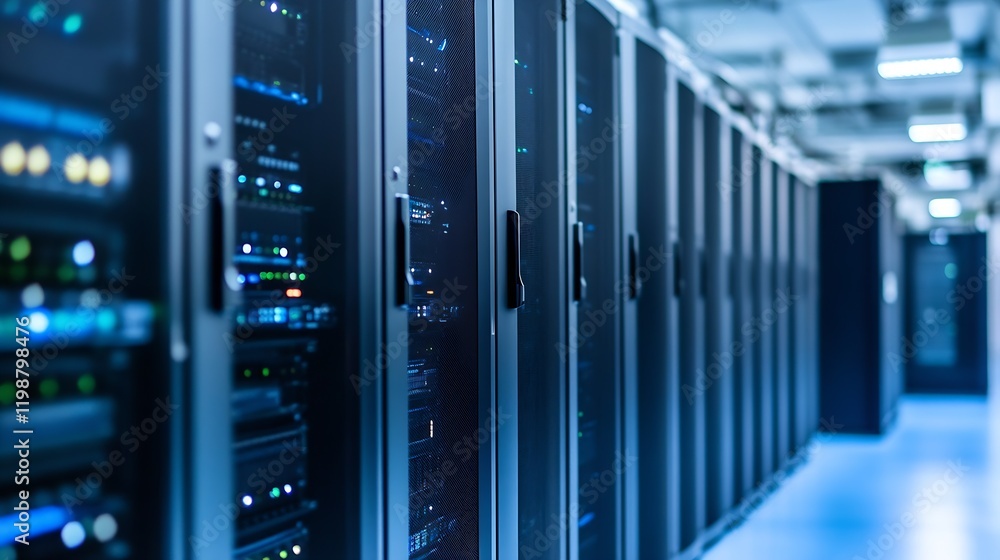 Poster State-of-the-Art Data Center Infrastructure with Dimly Lit Server Racks and Silent Cooling Systems : Generative AI