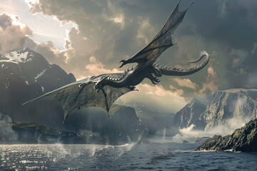 Fototapeta premium Fantastically beautiful mythological dragon with big wide wings, abstract vivid composition consists of fictional unreal fantastic vision on background