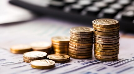 Stacked Coins on Financial Documents Signifying Economic Analysis and Planning : Generative AI