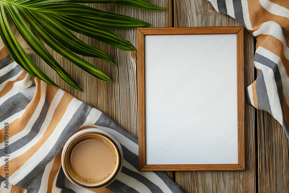 Wall mural Empty wooden frame with white space on rustic wooden background, surrounded by striped fabric, coffee cup, and green palm leaf. Flat lay mockup photography with copy space for design and print