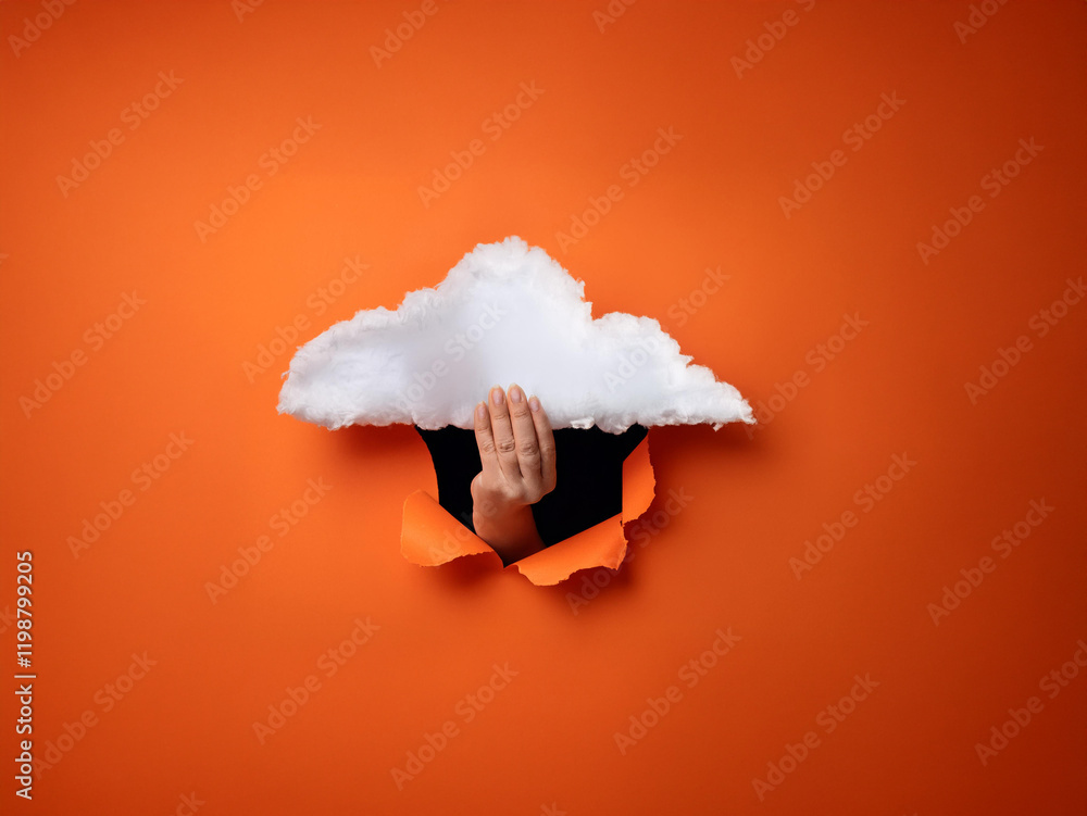 Aufkleber a hand emerges from a torn orange background, gesturing beneath a cloud-shaped hole. the scene is su