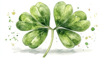 Watercolor four-leaf clover with abstract splashes and natural green tones. Saint Patrick's Day, St Paddy's Day, St Patty's Day - Irish National Holiday and Cultural Celebration