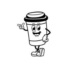 Retro coffee cup mascot vector illustration. Cute character in trendy 60s and 70s retro cartoon style.