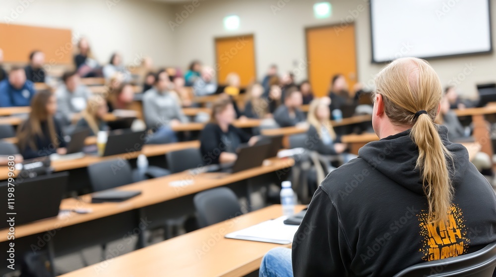 Poster university lecture hall students attentively listening to professor discussion : generative ai
