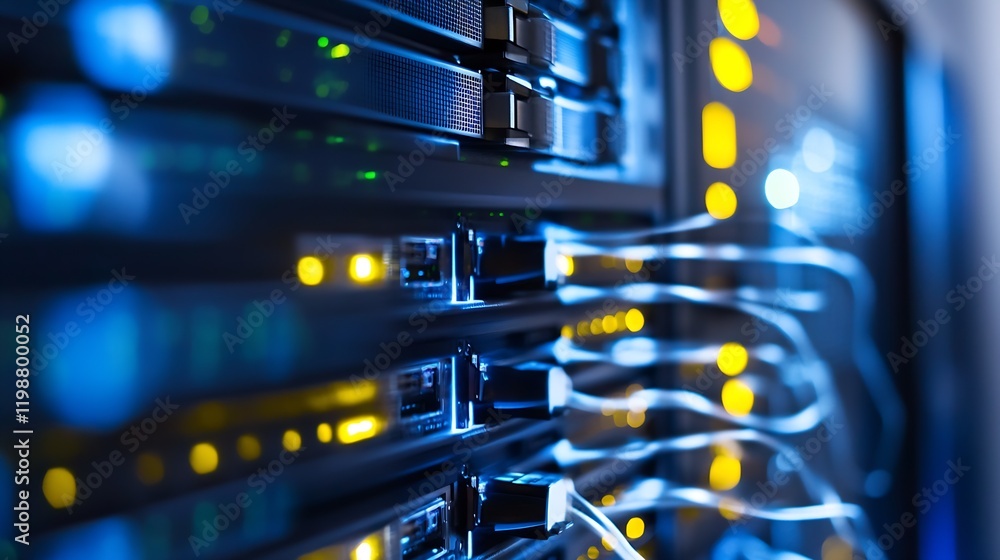 Poster Close-up of network cables in a modern data center server room environment : Generative AI