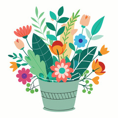 Fresh attractive cute flowers in wicker basket cartoon vector image stock clipart illustration
