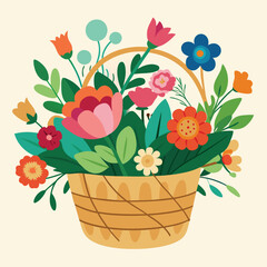 Fresh attractive cute flowers in wicker basket cartoon vector image stock clipart illustration