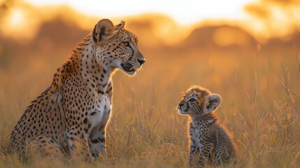 An adult cheetah interacting sweetly with a cub in a savannah at sunset, warm colors, details of animal emotions