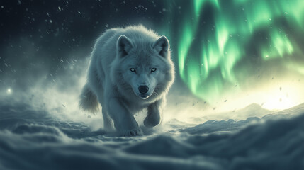 A white arctic wolf running under the Northern Lights, soft snow flying, moving fur details, magical atmosphere