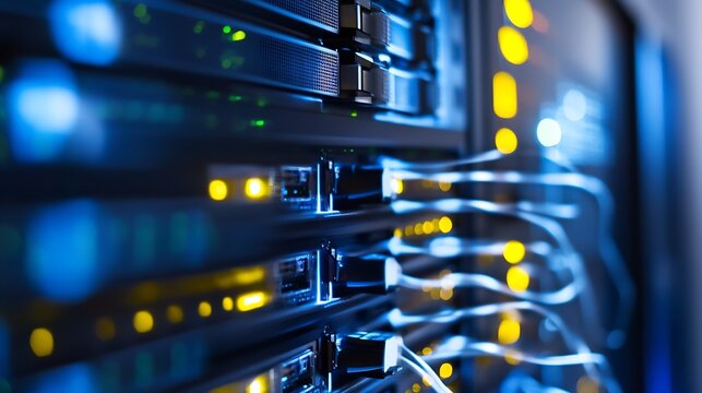 Close-up of network cables in a modern data center server room environment : Generative AI