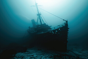 Obraz premium Underwater view of an old sunken ship on seabed with fish swimming around, abstract vivid composition consists of fictional unreal fantastic vision on background