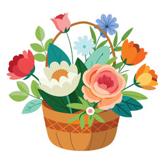 Fresh attractive cute flowers in wicker basket cartoon vector image stock clipart illustration