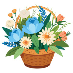 Fresh attractive cute flowers in wicker basket cartoon vector image stock clipart illustration