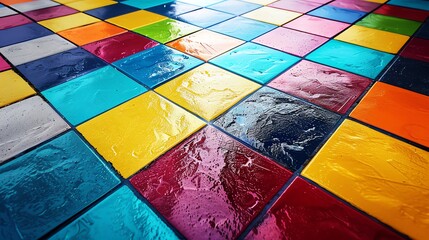 Close-up of colorful square tiles.