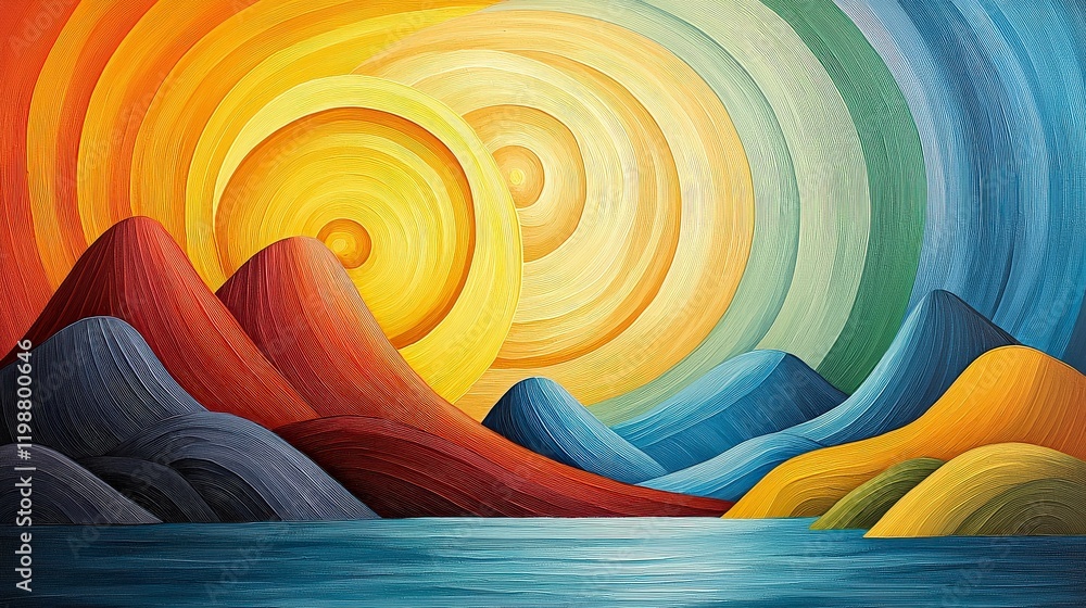 Aufkleber vibrant abstract sunset over mountains and water with dynamic swirls of color in rich textures and b