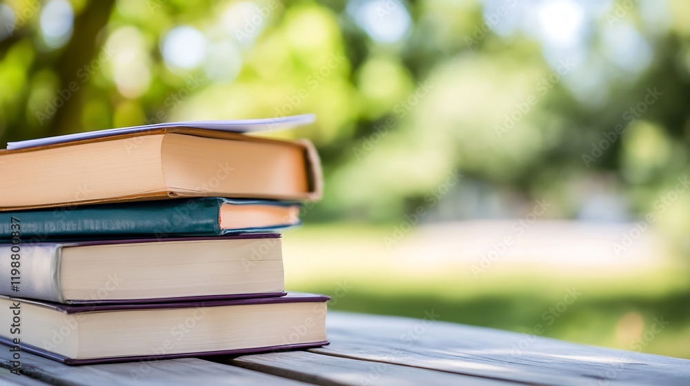 Poster stack of books outdoors representing knowledge and learning in a natural setting : generative ai