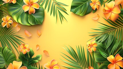 Naklejka premium A tropical background with palm leaves and flowers.