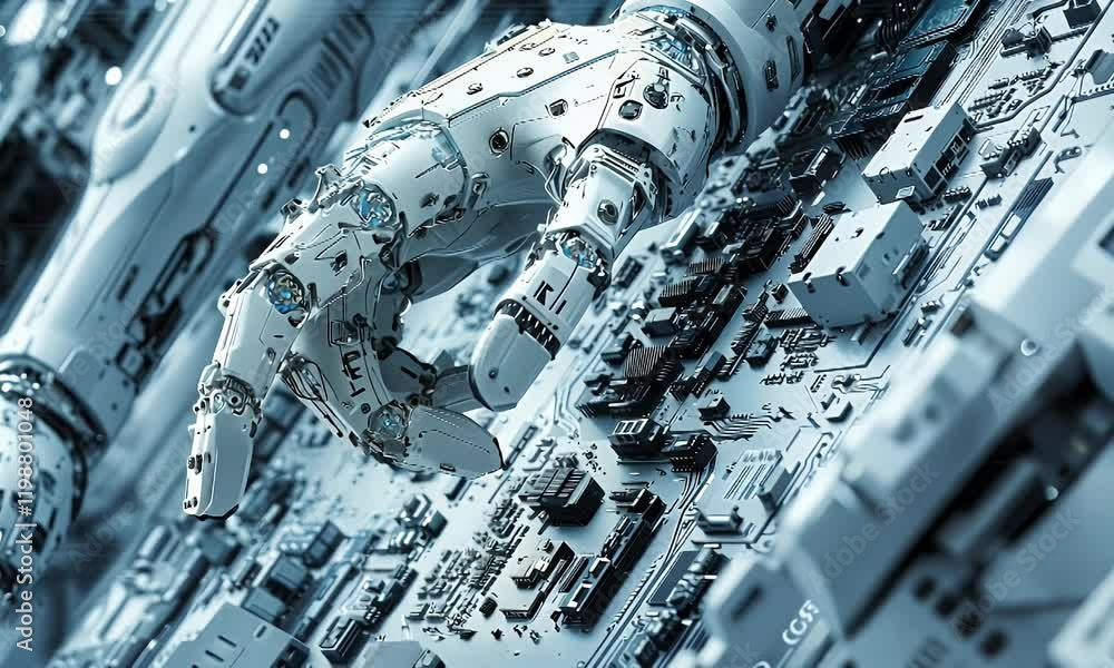 Aufkleber robotic hand assembling circuit board; futuristic factory background; tech innovation