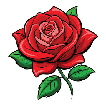 Single Red Rose with leaves cartoon vector illustration Isolated