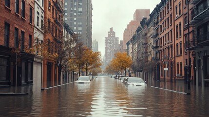 Naklejka premium Flooded city street with cars submerged in murky water during autumn rain.