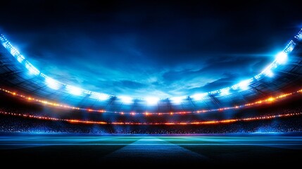 Brightly Lit Stadium Field Under Nighttime Sky with Clouds