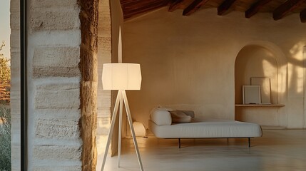 Modern minimalist living room with floor lamp, daybed, and stone wall.